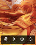 Close-up of a silk scarf featuring a blend of bright colors and elegant patterns.