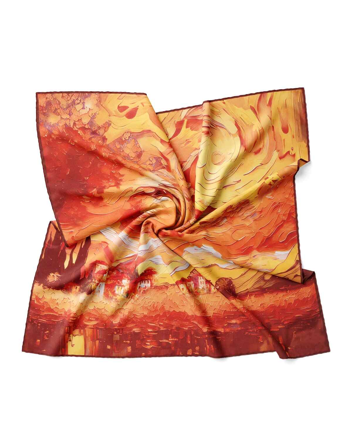 A silk scarf featuring a vibrant orange and yellow abstract painting design, showcasing elegance and artistic flair.
