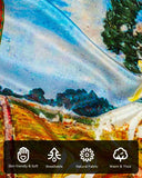 A close-up of a silk scarf with floral oil painting and various symbols highlighting the characteristics and details of its material.