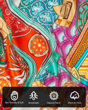 A close-up of a silk scarf with bags pattern and various symbols highlighting the characteristics and details of its material.