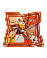 Silk scarf featuring a design of horses in vibrant orange and brown hues, , elegantly displayed against a white background.