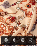 A close-up of a silk scarf with vintage chains and various symbols highlighting the characteristics and details of its material.