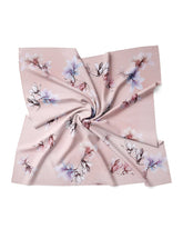 A silk scarf featuring a pink floral print elegantly displayed against a white background.