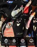 Close-up of a silk scarf featuring a vibrant cat print fabric with various colors and intricate designs.