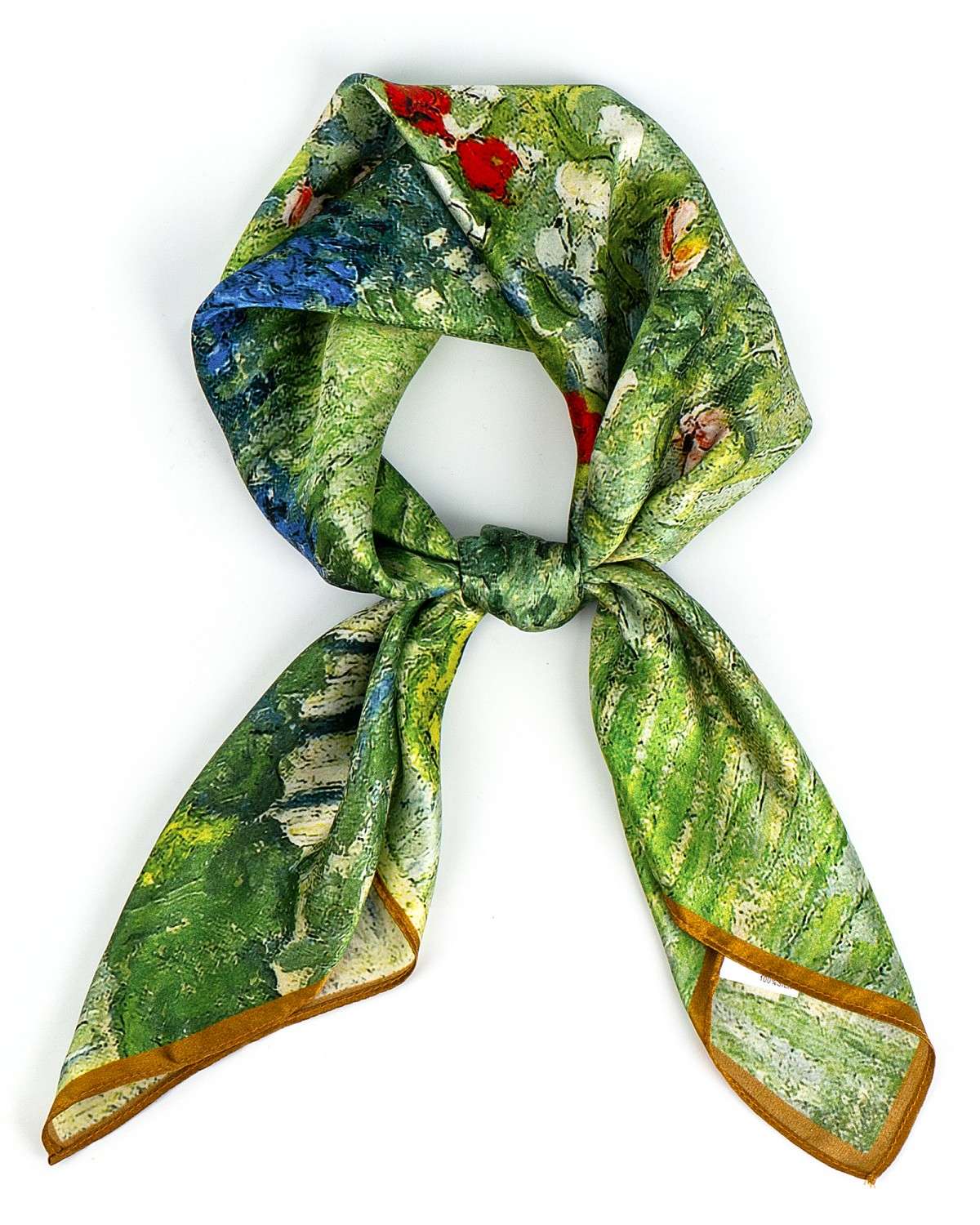 A knotted silk scarf in green featuring a painted tree design, elegantly showcasing nature's beauty.