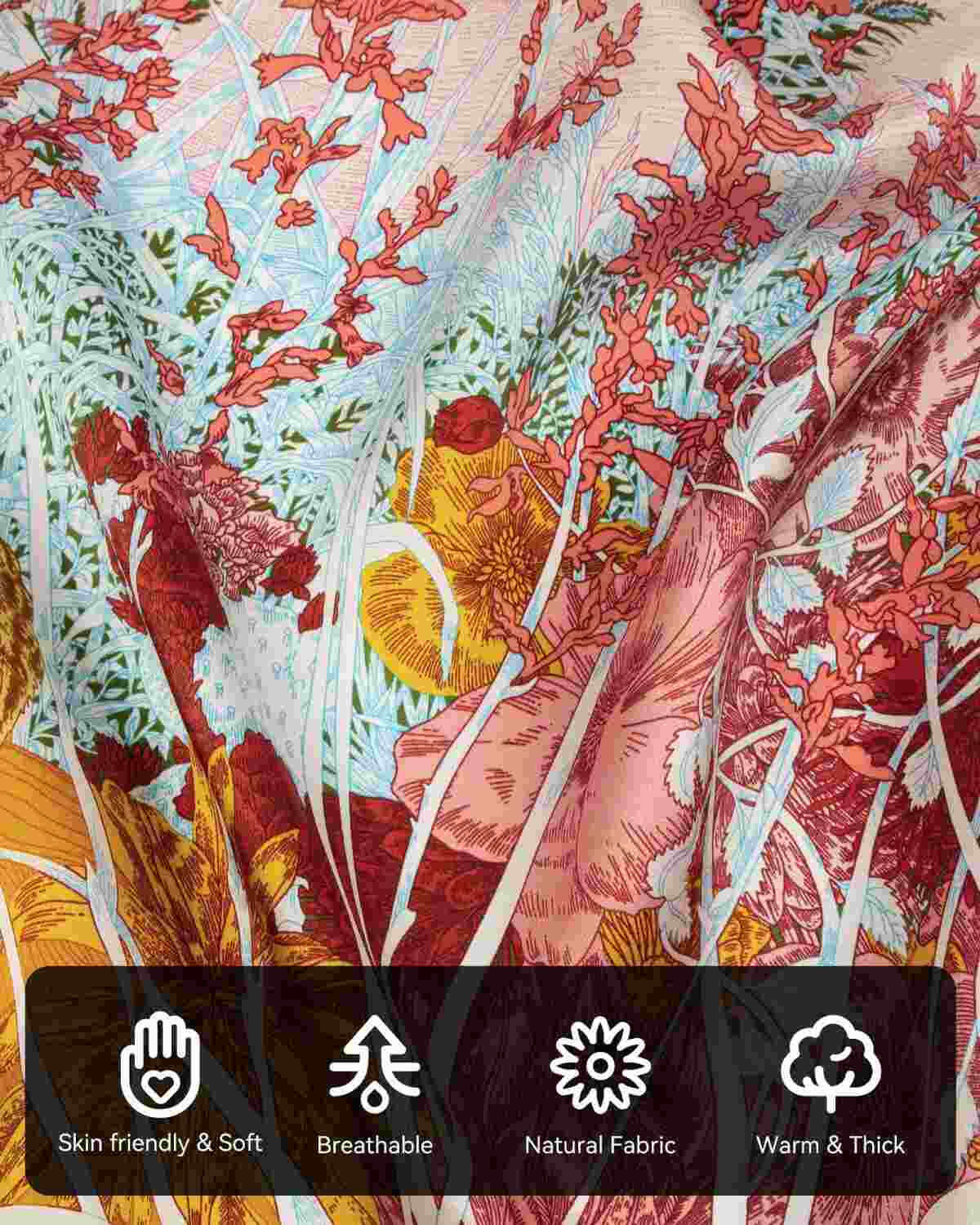 A close-up of a silk scarf with colorful floral pattern and various symbols highlighting the characteristics and details of its material.