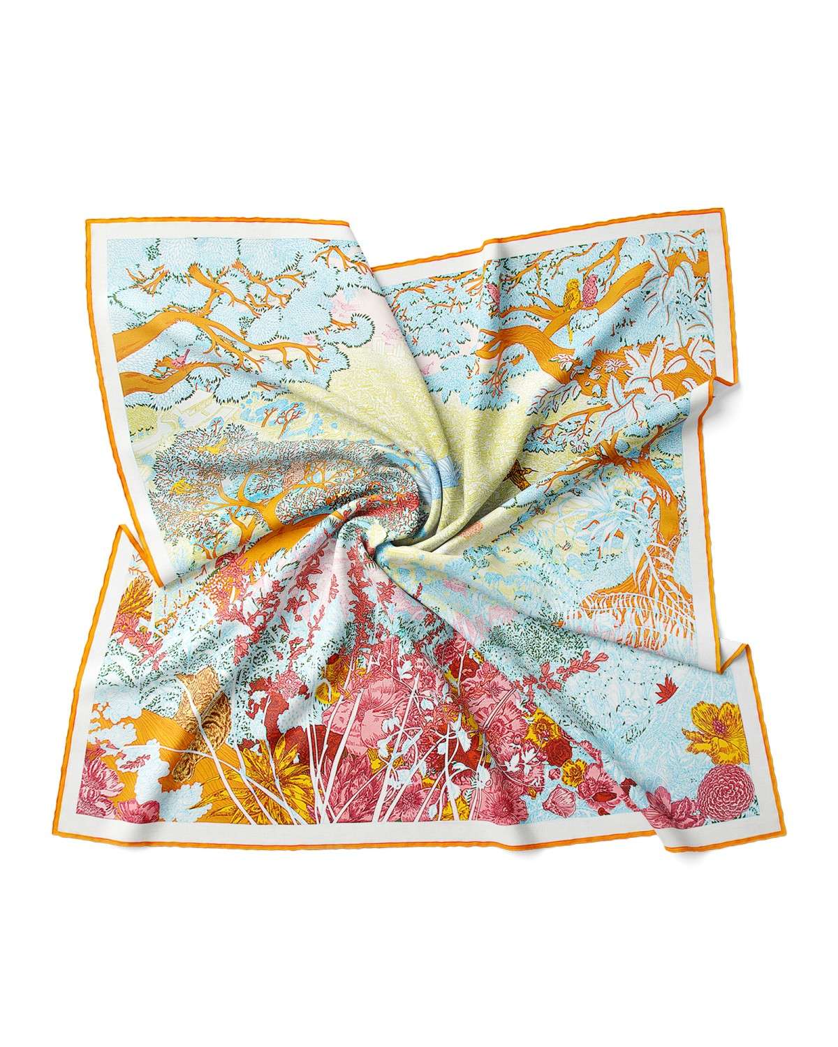  A silk scarf featuring a beautifully illustrated tree adorned with vibrant flowers.