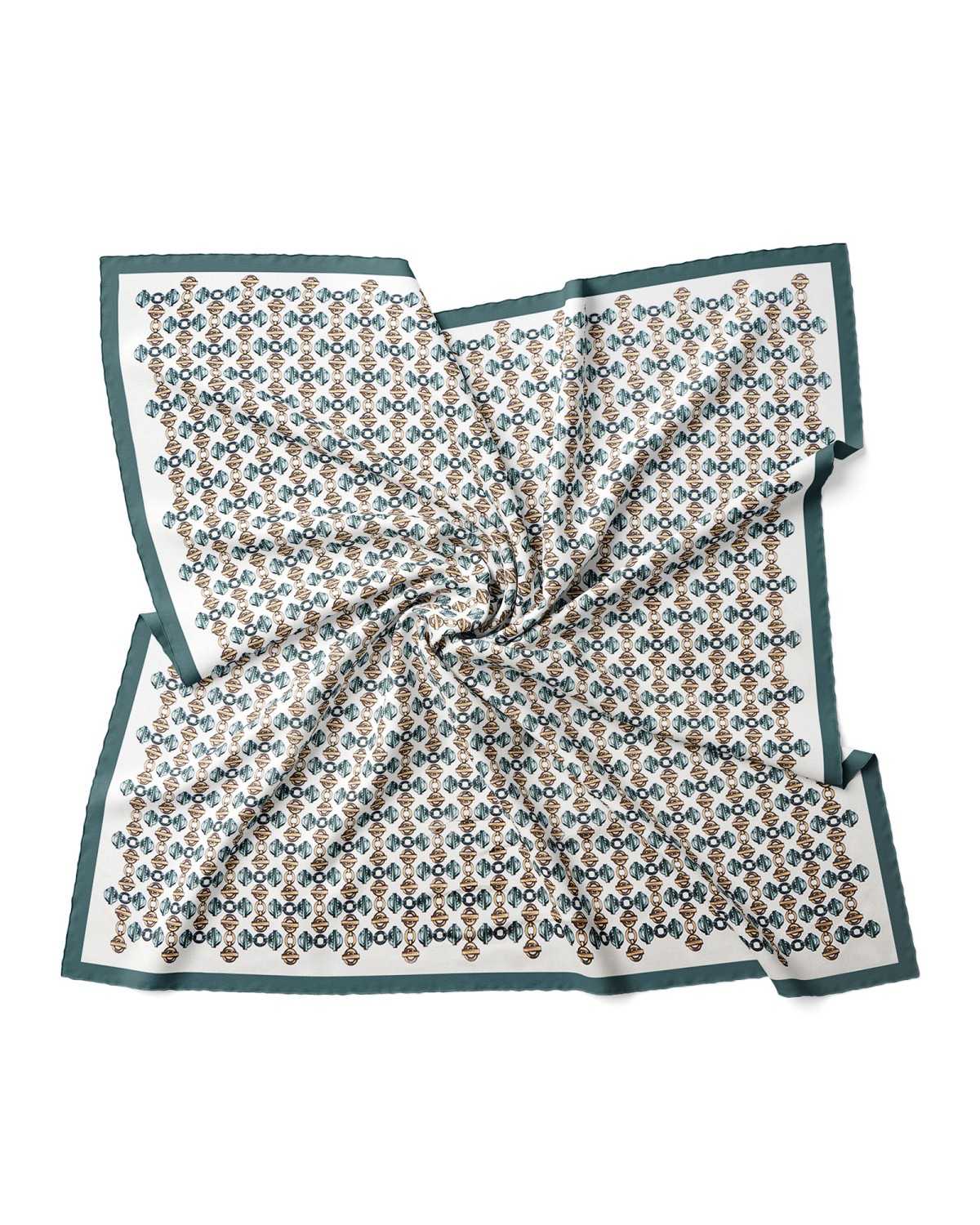 A silk scarf featuring a green and white geometric pattern, elegantly designed in a square shape.