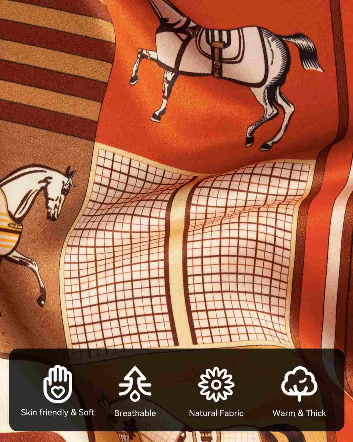 A close-up of a silk scarf with horses pattern and various symbols highlighting the characteristics and details of its material.