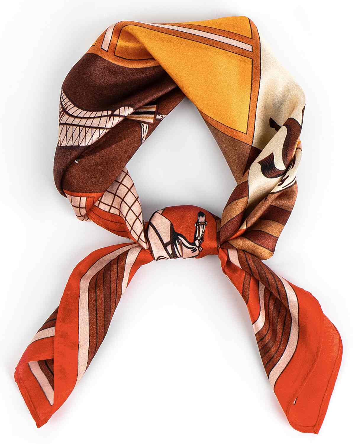 A knotted silk scarf featuring a brown and orange design, elegantly showcasing its vibrant colors and intricate patterns.
