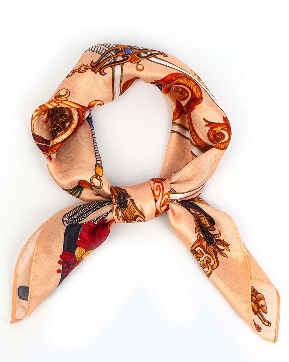 A luxurious silk scarf featuring a vintage chain pattern, elegantly knotted for a sophisticated look.