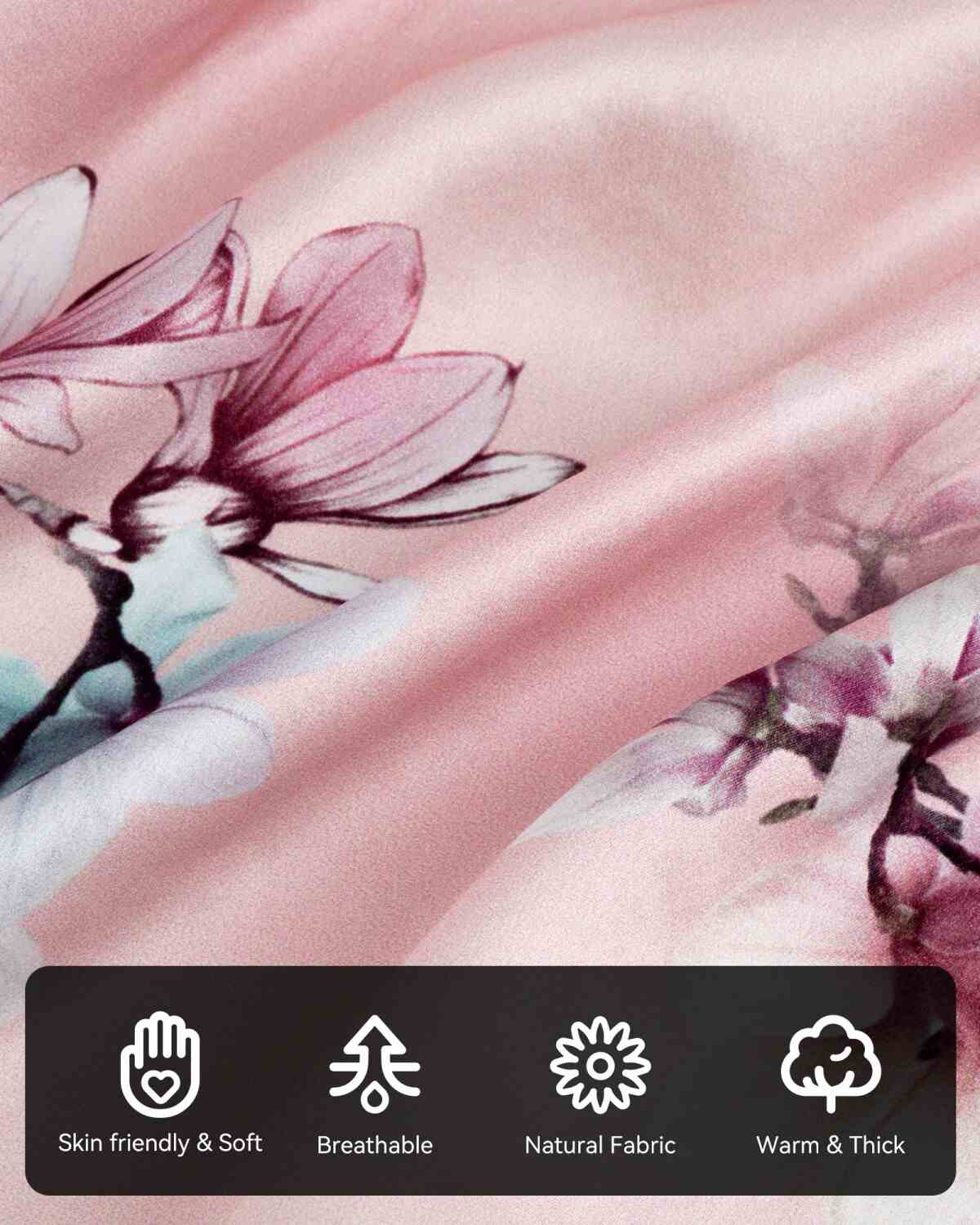 A close-up of a silk scarf with pink floral pattern and various symbols highlighting the characteristics and details of its material.