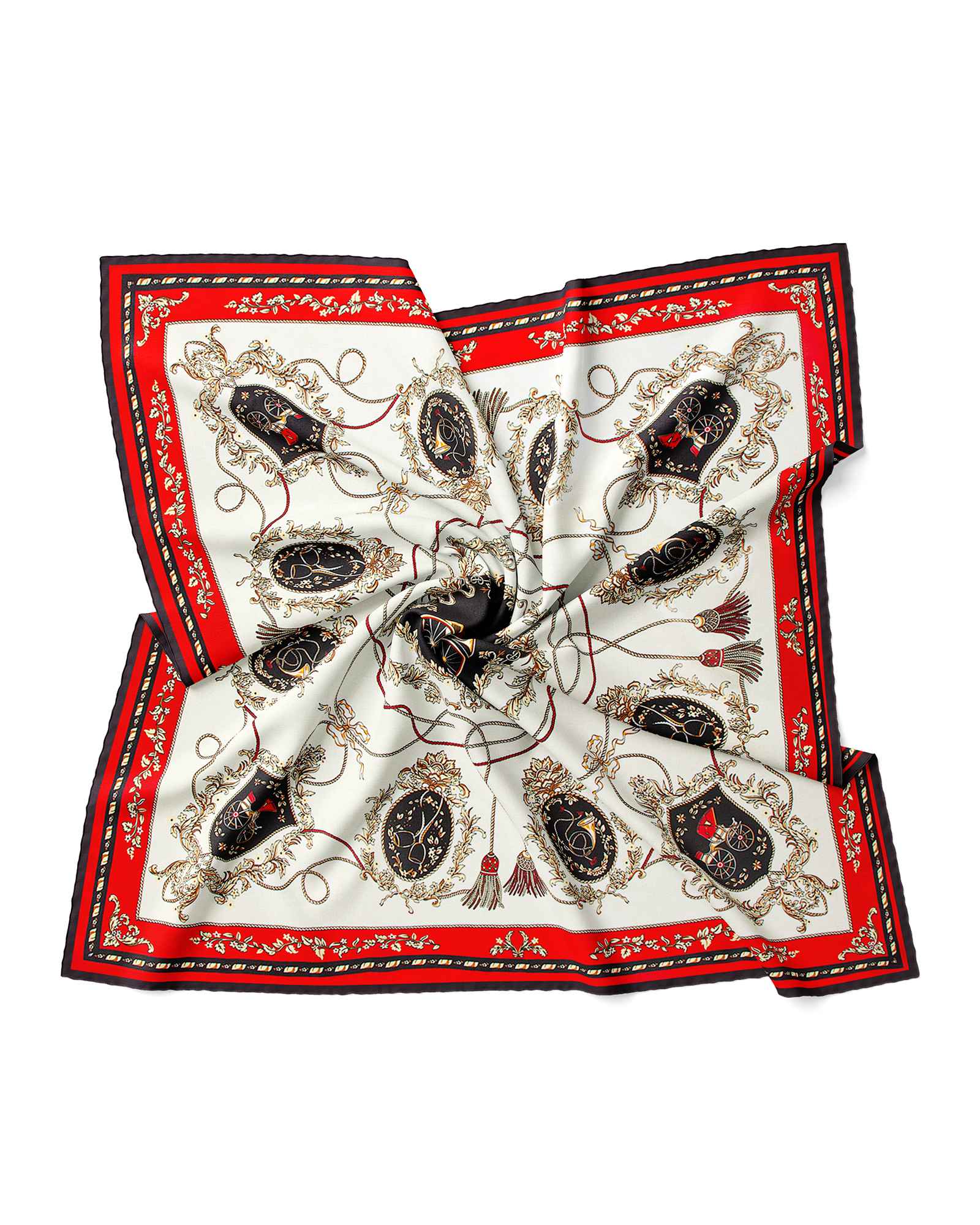  A silk scarf adorned with a striking red and black romantic carriage 
 pattern, showcasing its exquisite design and texture.
