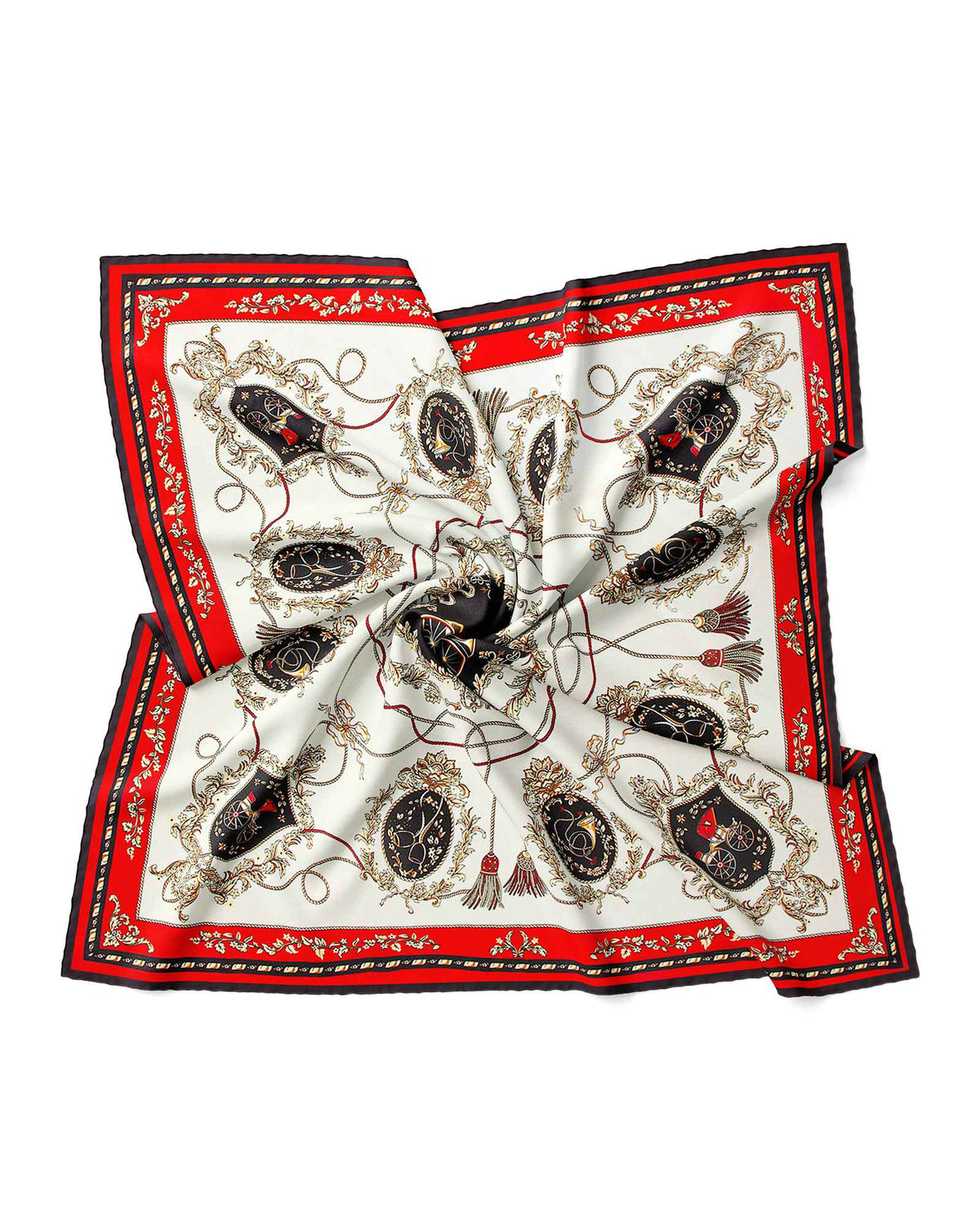  A silk scarf adorned with a striking red and black romantic carriage 
 pattern, showcasing its exquisite design and texture.