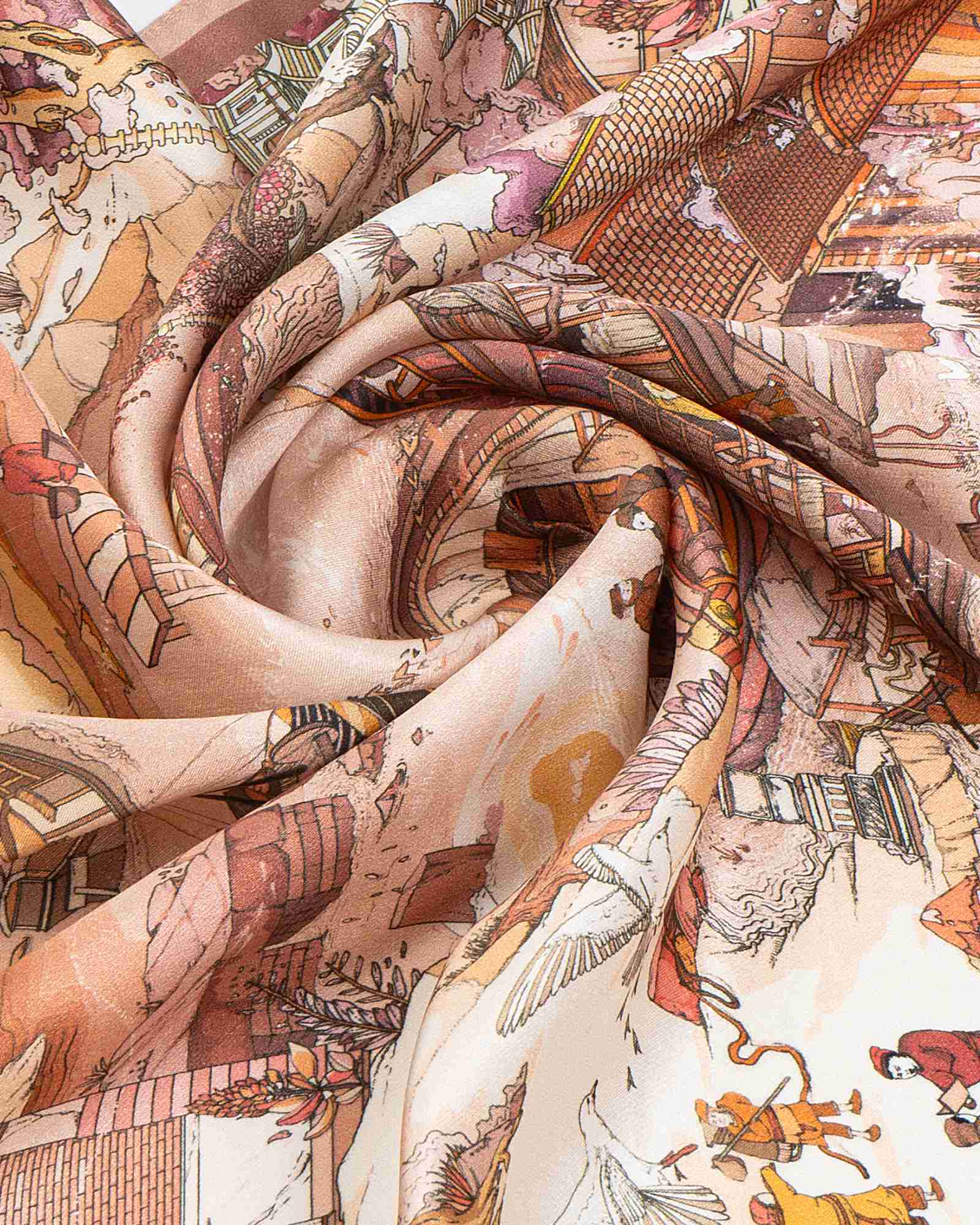 Detailed view of a silk scarf showcasing a chinese painting
 image, reflecting elements of Chinese artistry.